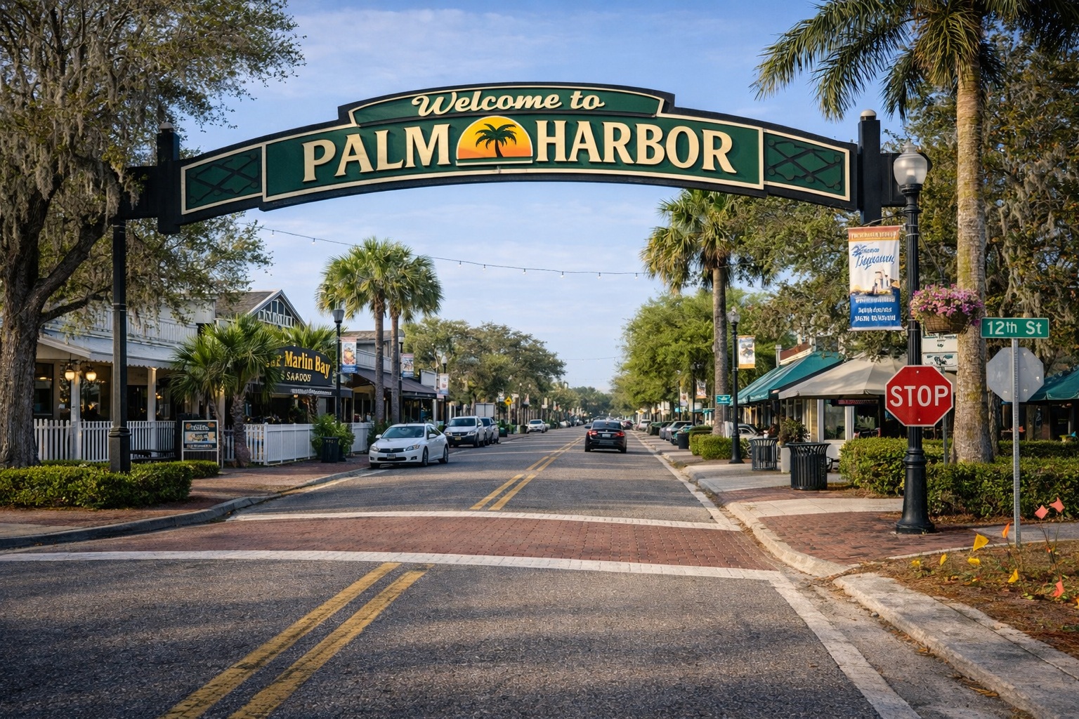 Welcome to Palm Harbor sign in downtown Palm Harbor, Florida